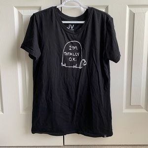 Plain black T-shirt with “I’m totally okay” quote.